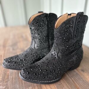 ROPER Womens Shay Jewells Rhinestone Snip Toe Cowgirl Boots Ankle - Black